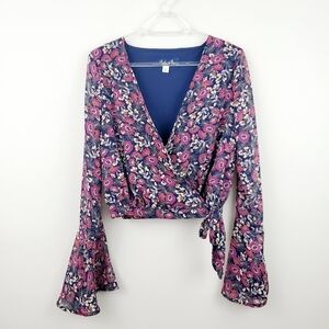 Blue Rain | Floral Cropped Bell Sleeve Wrap Blouse
